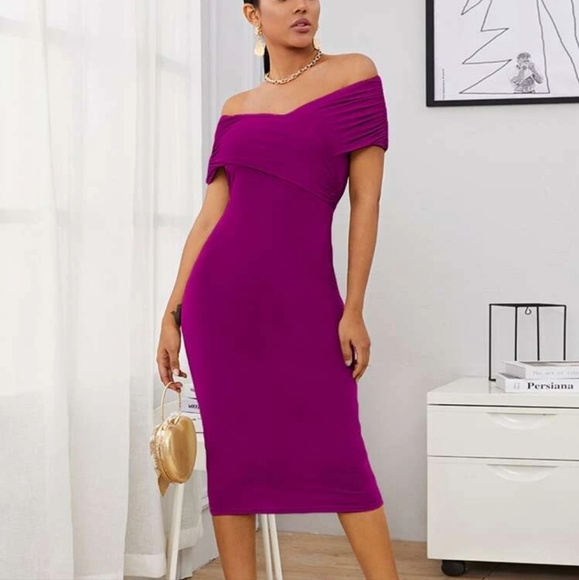BRAND NEW Off Shoulder Cross Wrap Ruched Foldover Dress - Picture 3 of 4